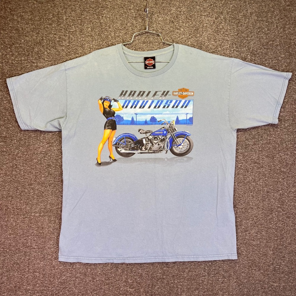 Harley Davidson T Shirt Mens XL Blue Pinup Girl Graphic Athens Ohio Biker Tee